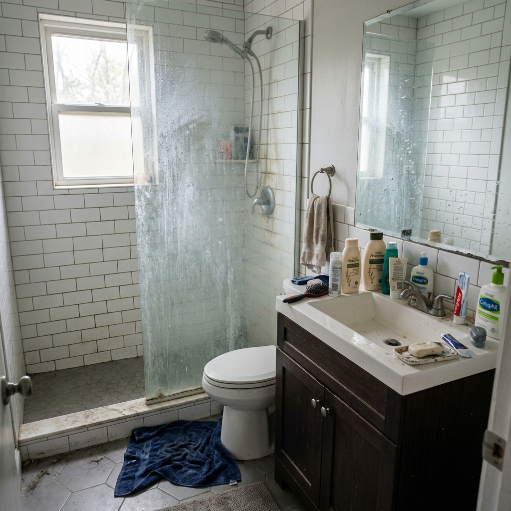 Bathroom with soap scum, hard-water stains and cluttered vanity before cleaning
