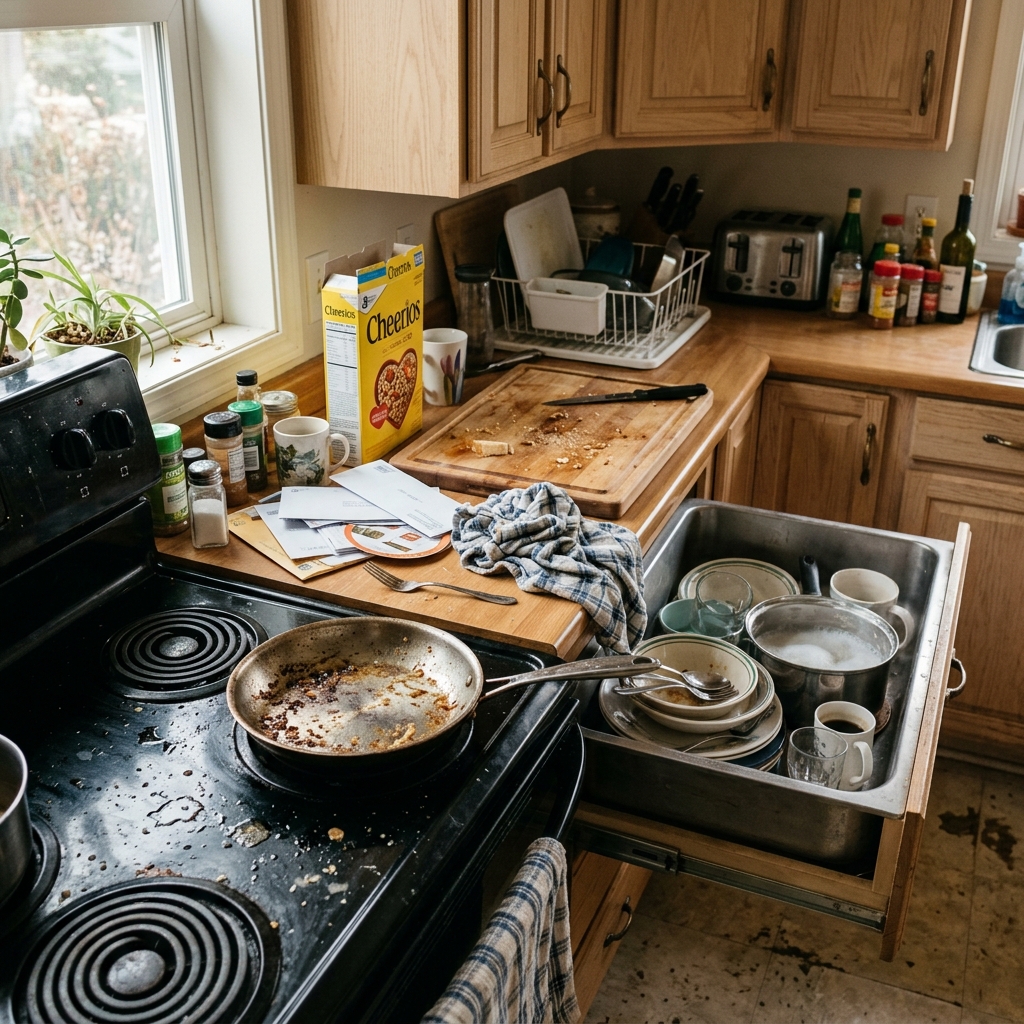 Kitchen with grease splatter, dirty stovetop and cluttered counters before cleaning