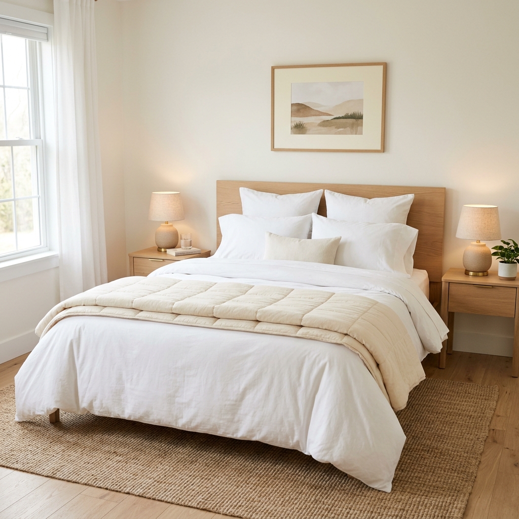 Made bed with crisp white linens after a Fresh Nest clean in South End