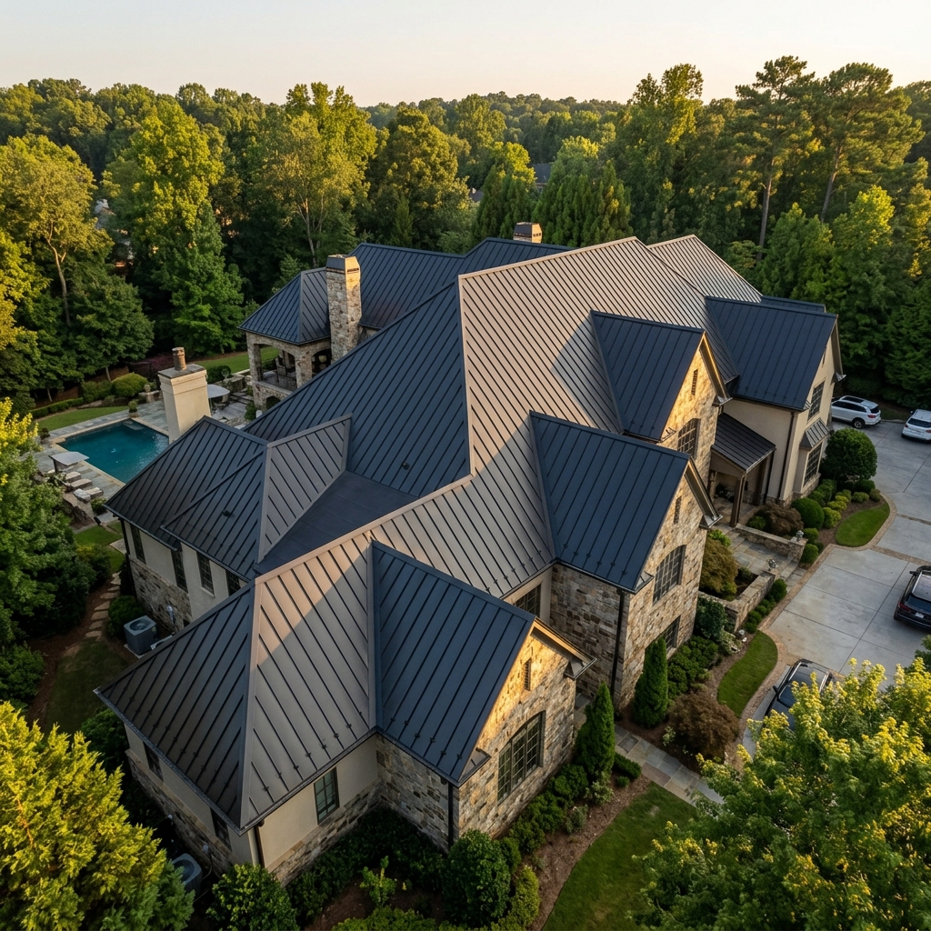 After: matte-black standing-seam metal roof installed by TopShield in Buckhead Atlanta