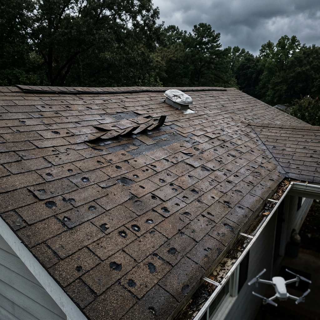 TopShield Roofing drone inspection of hail damage on an Atlanta Craftsman home